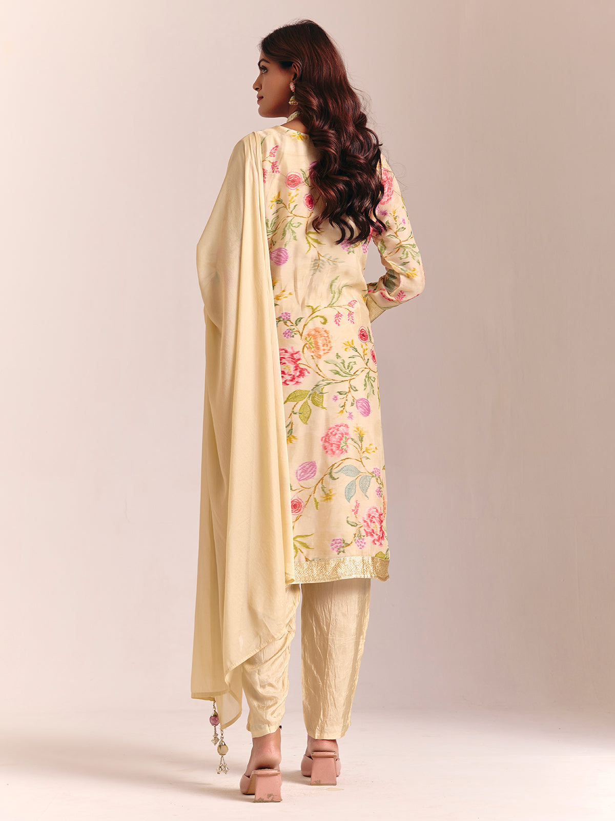 Cream silk printed salwar suit for festival