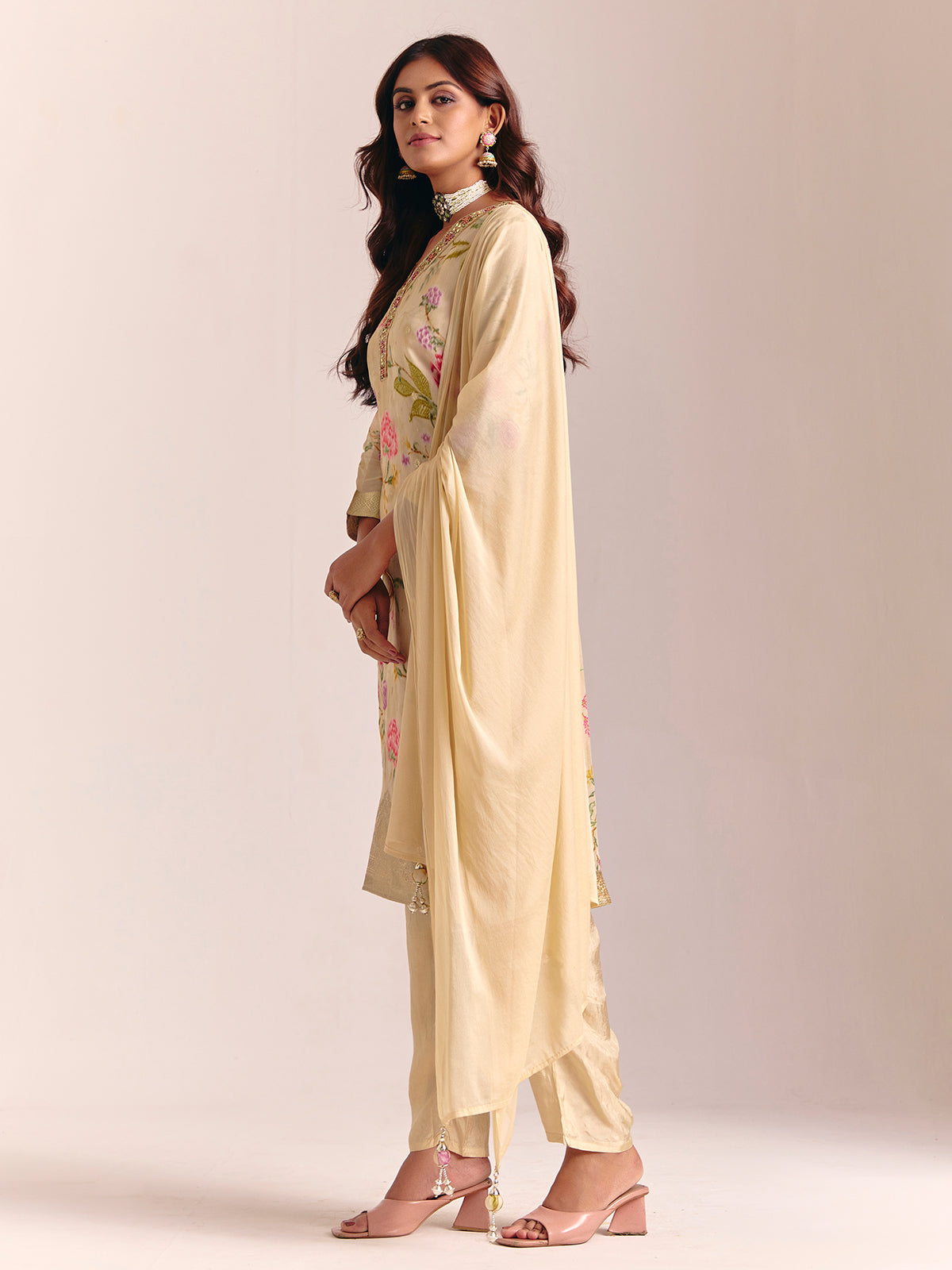 Cream silk printed salwar suit for festival
