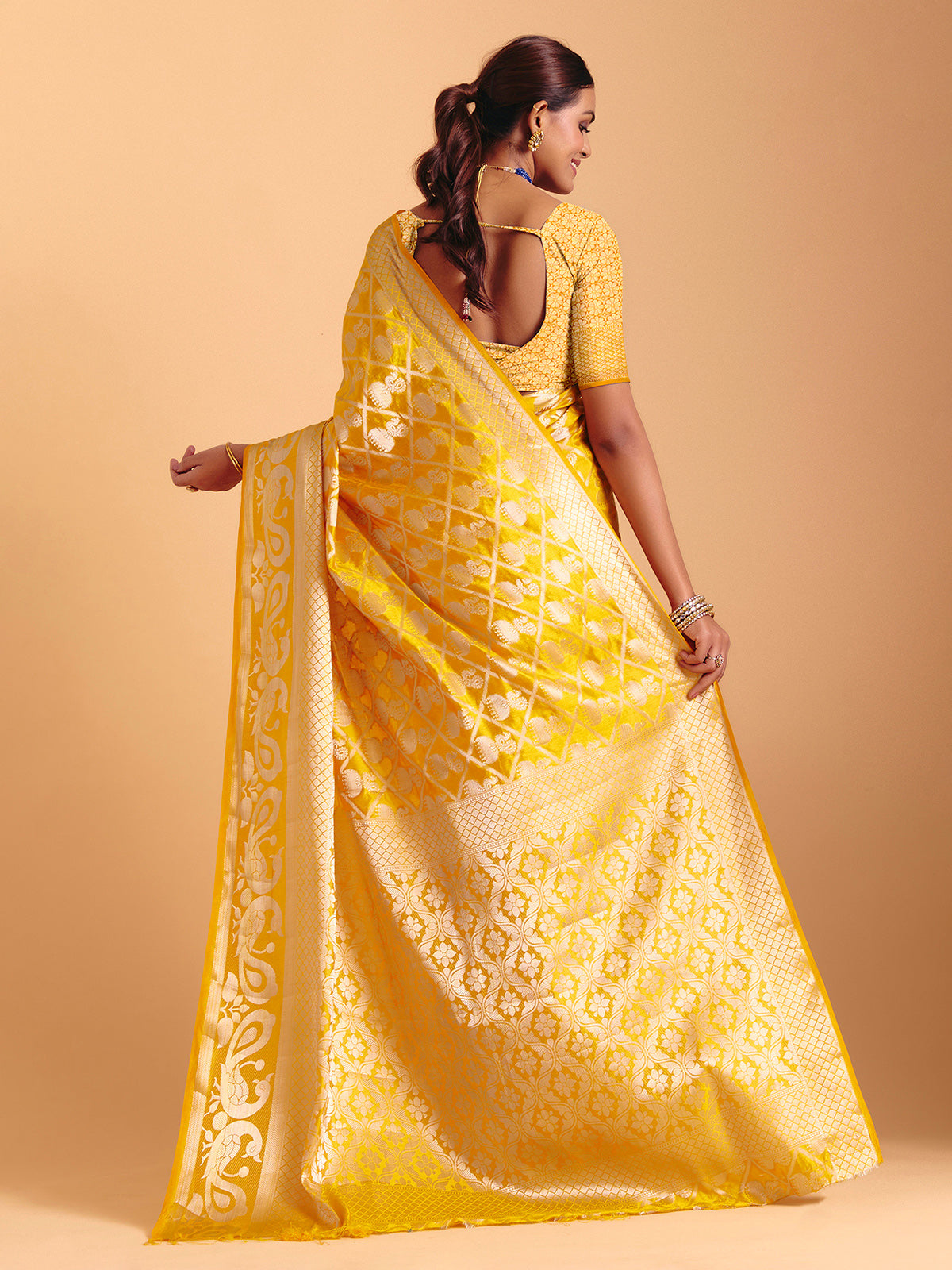 Mustard yellow silk saree with zari work