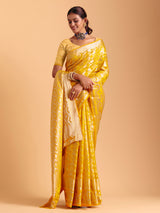 Mustard yellow silk saree with zari work