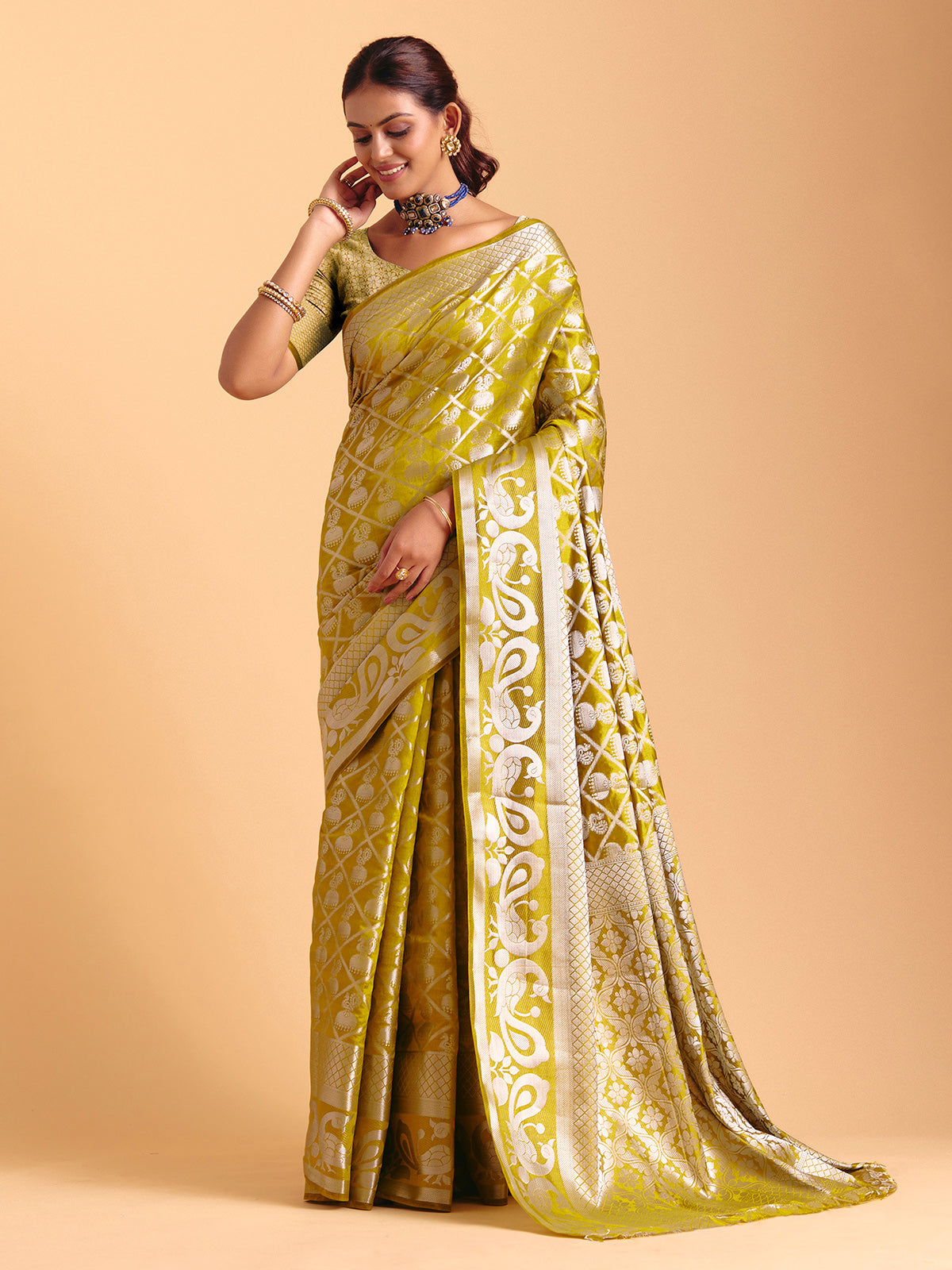 Mehendi yellow festive wear silk saree