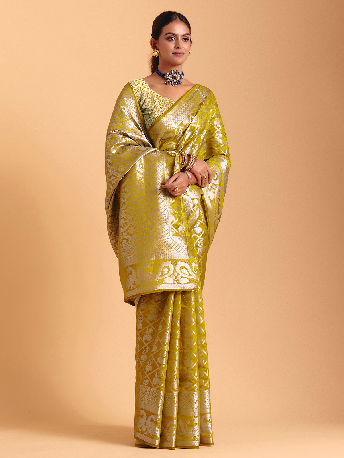 Mehendi yellow festive wear silk saree