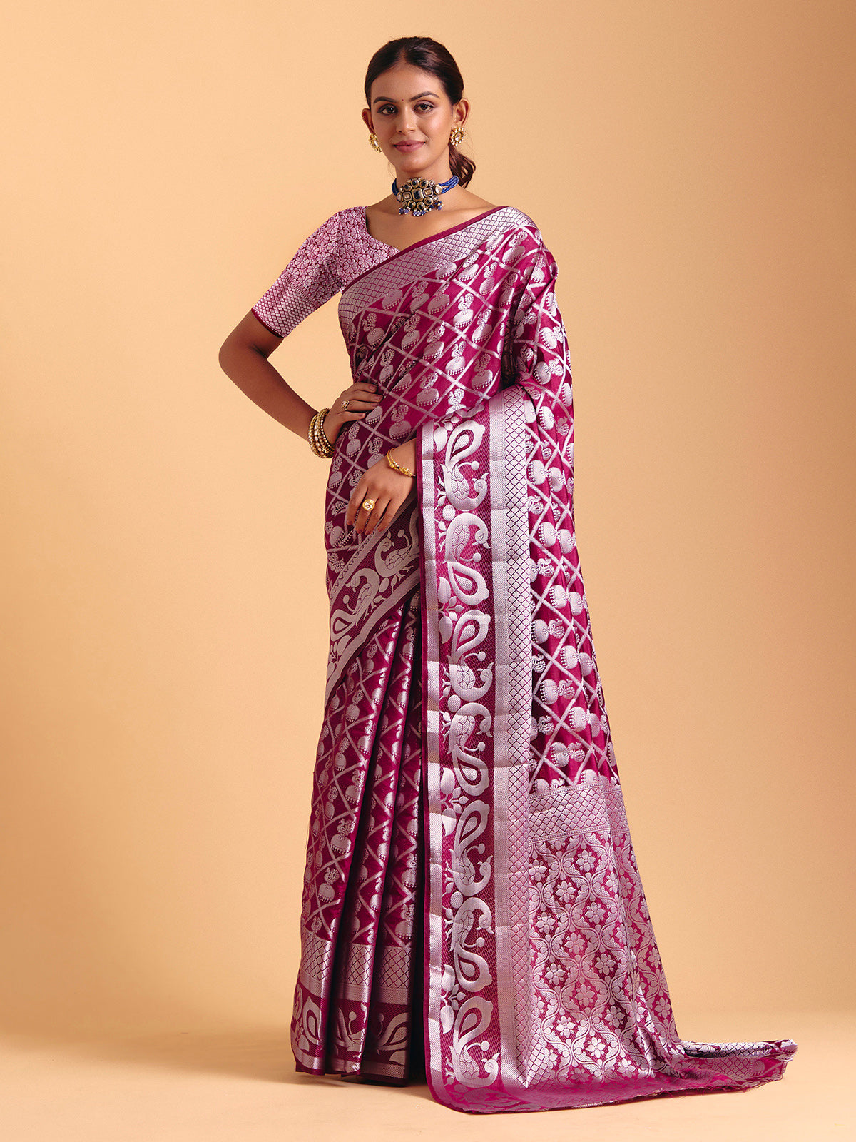 Wine festive wear silk saree with zari work