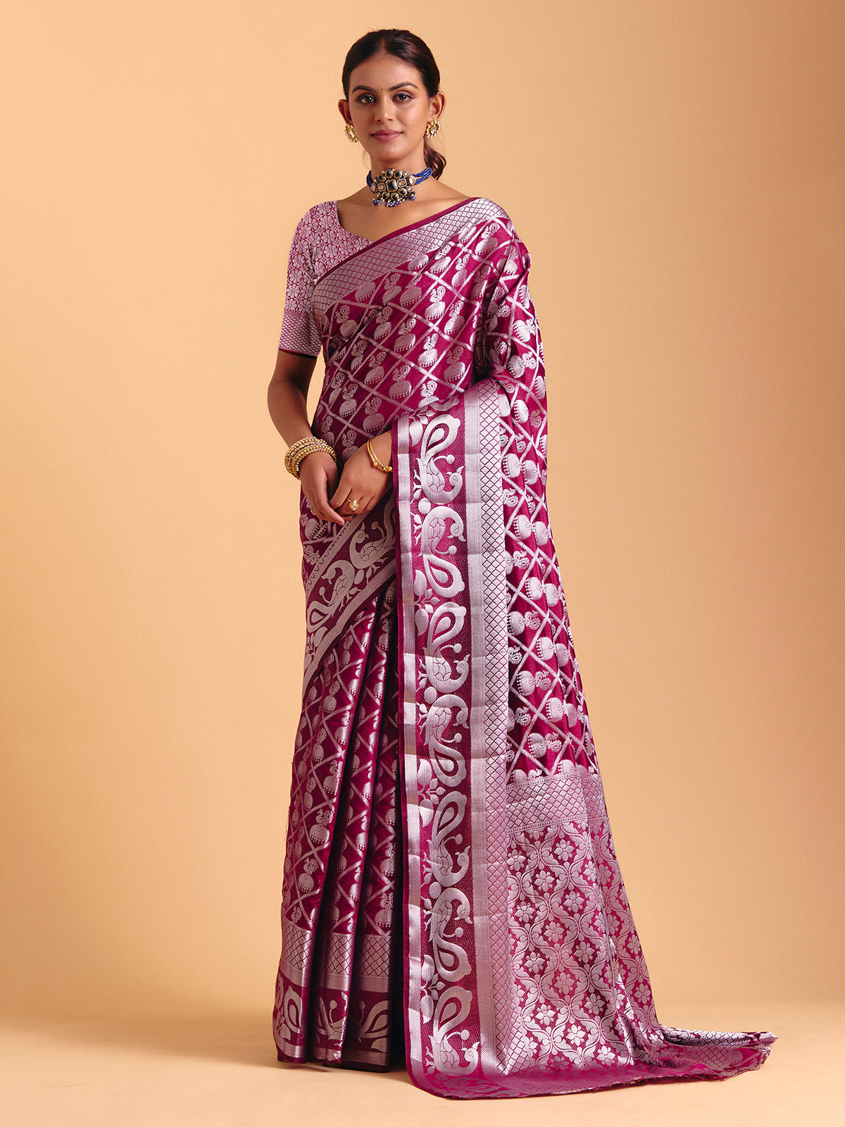 Wine festive wear silk saree with zari work