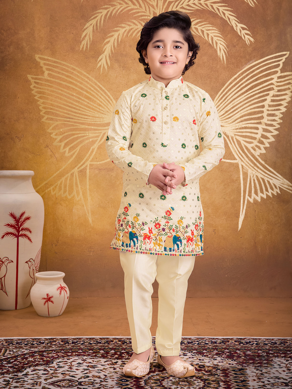 Off white printed cotton kurta suit for boys