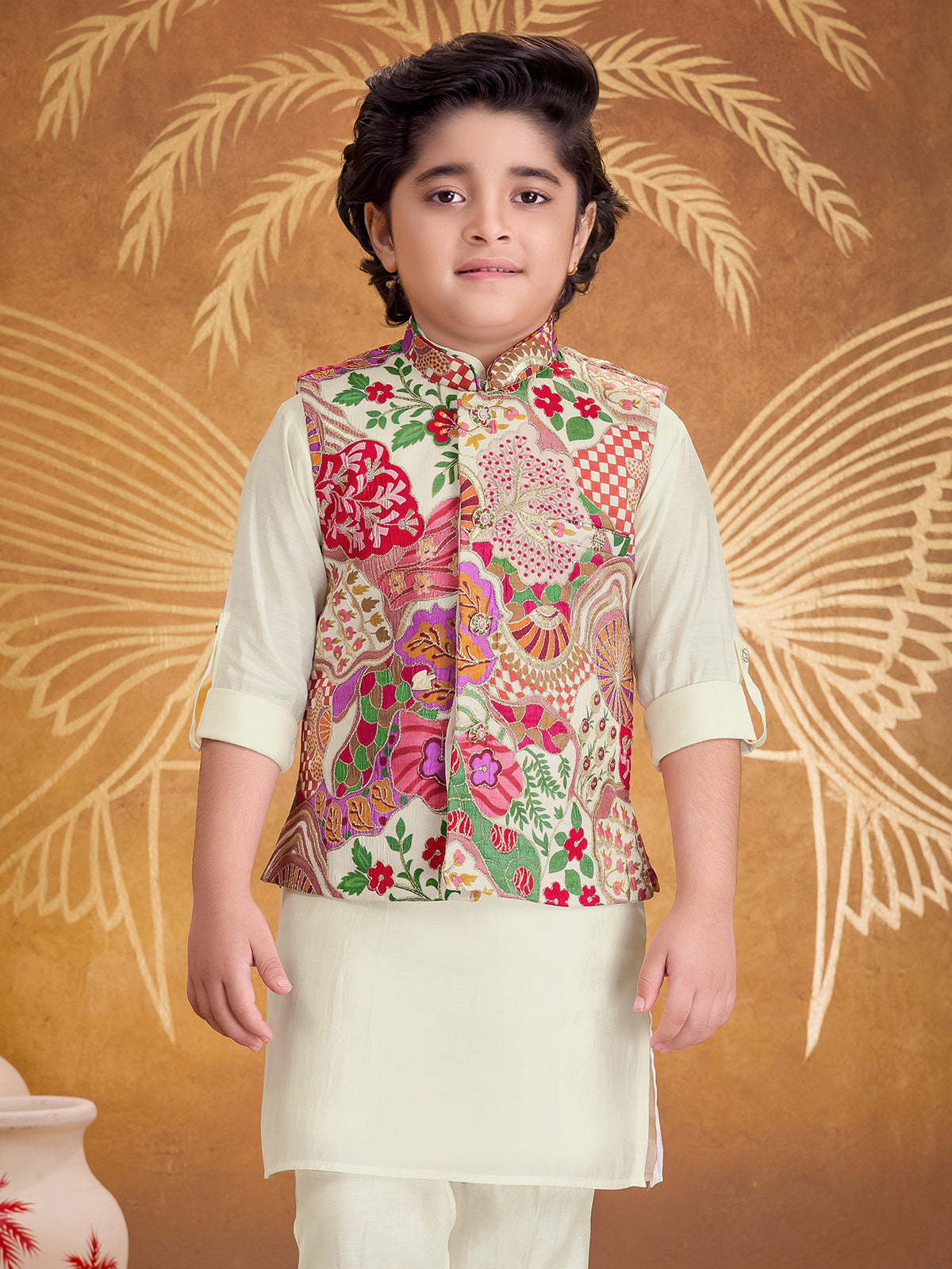Cream printed silk waistcoat set with resham detailing
