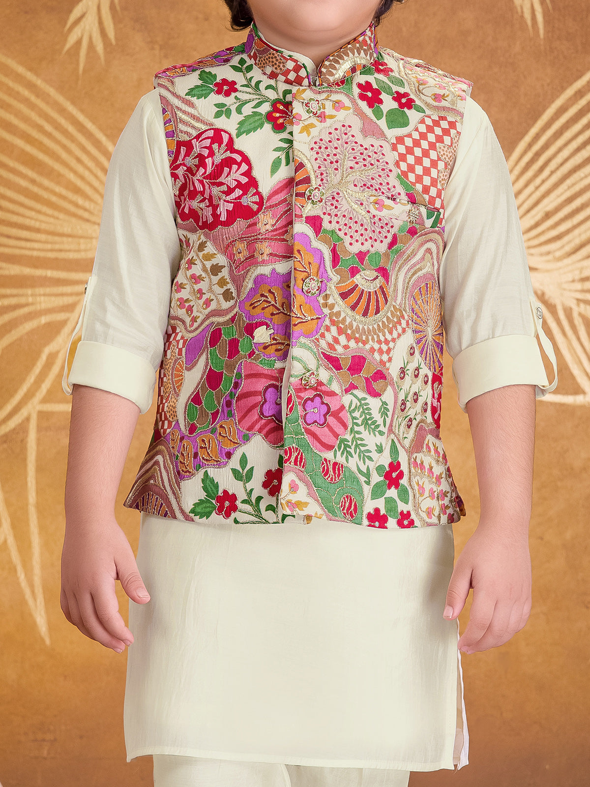 Cream printed silk waistcoat set with resham detailing