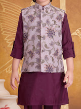 Wine silk waistcoat set with resham and sequins work