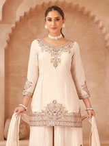 Off white silk palazzo suit with resham embellishment