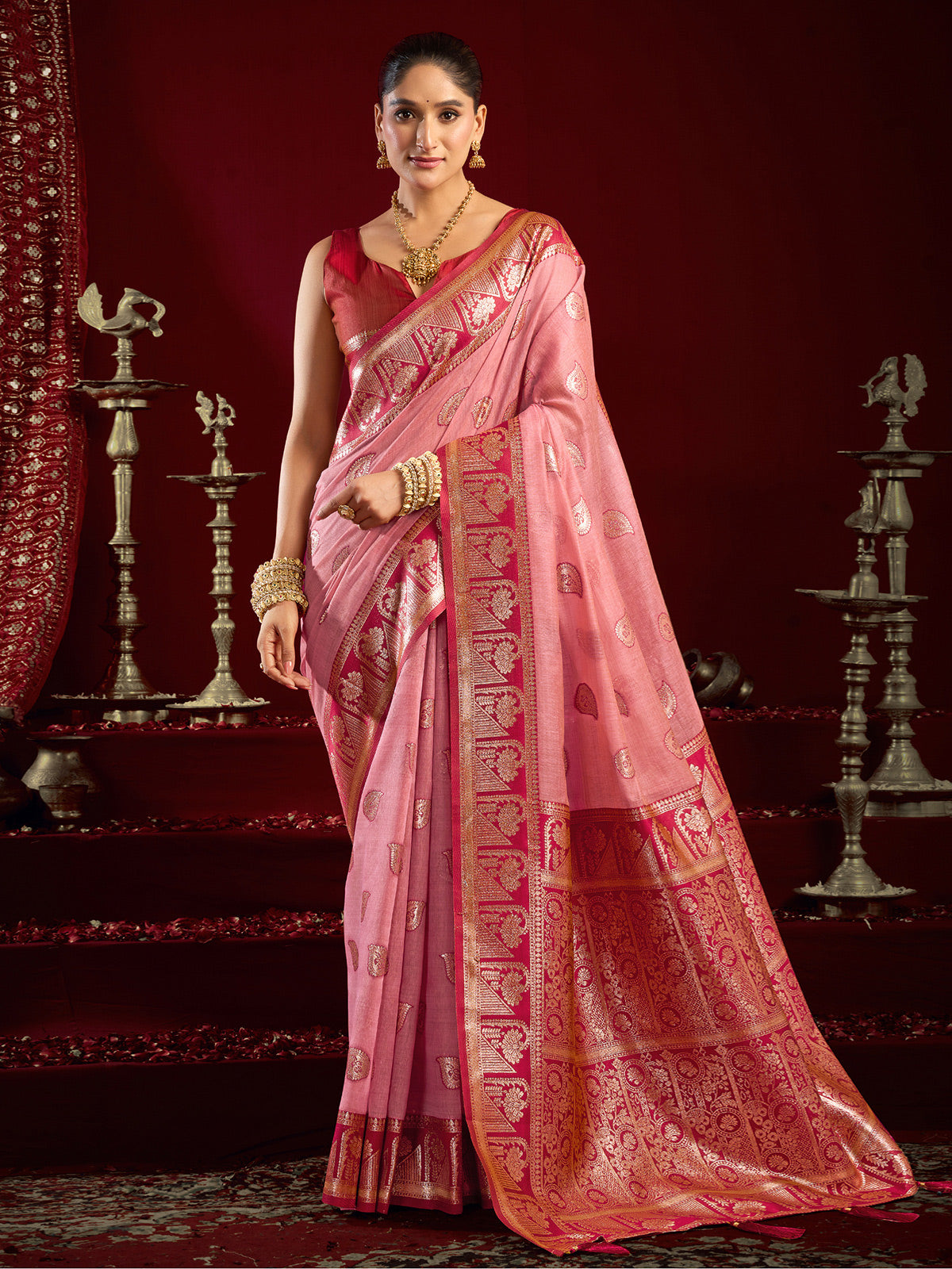 Pink modal silk banarasi zari saree