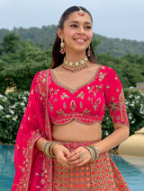 Pink silk wedding wear lehehnga choli with cutwork