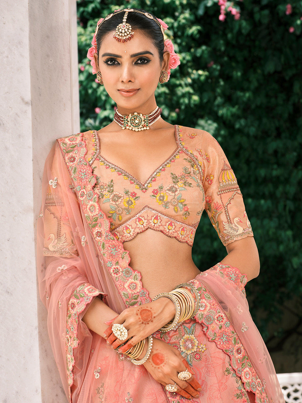 Peach silk lehenga choli for wedding with embroidery work