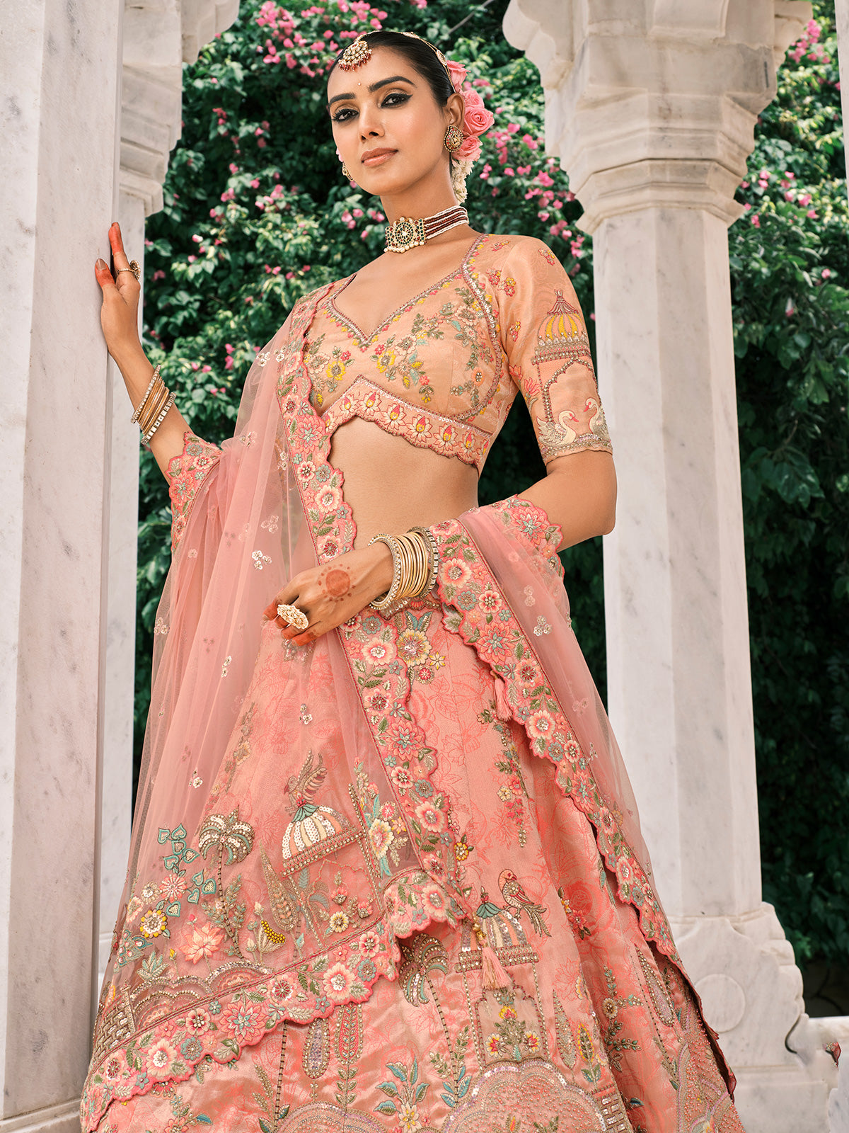 Peach silk lehenga choli for wedding with embroidery work