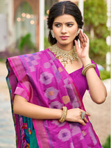 Rama blue silk printed saree with bold blouse and border