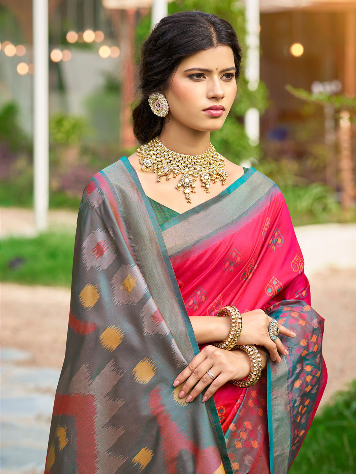 Red silk printed saree for festive wear