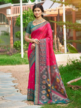 Red silk printed saree for festive wear
