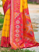 Yellow silk saree with bold border and pallu