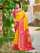 Yellow silk saree with bold border and pallu