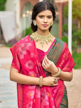 Green printed silk saree with contrast border and pallu