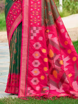 Green printed silk saree with contrast border and pallu