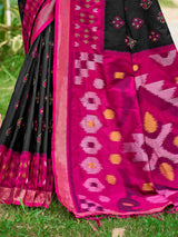 Black printed silk saree with contrast border and pallu