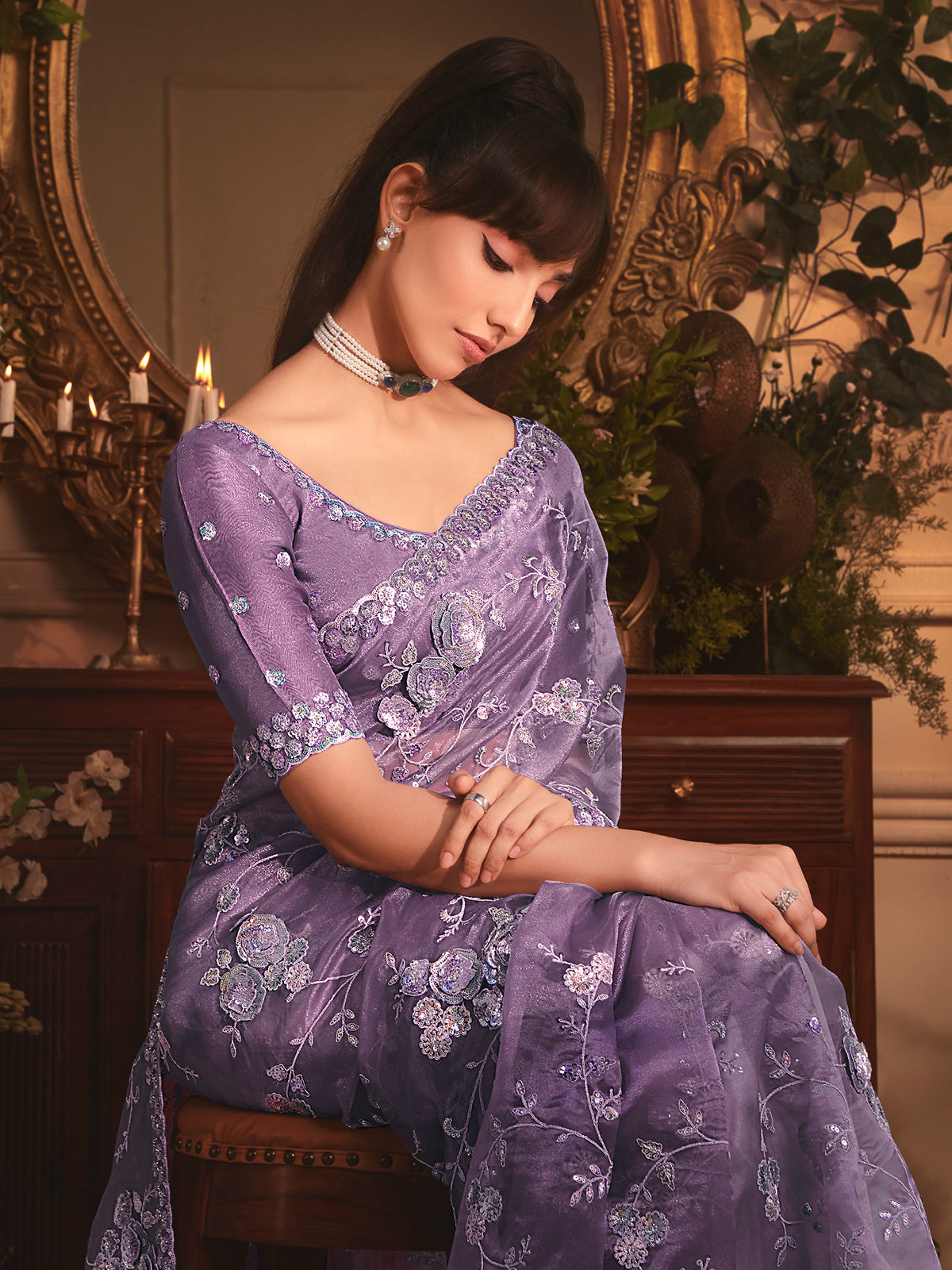 Purple tissue organza saree with sequins work