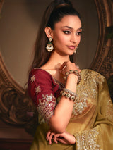 Mehendi green tissue organza saree with striking marron blouse