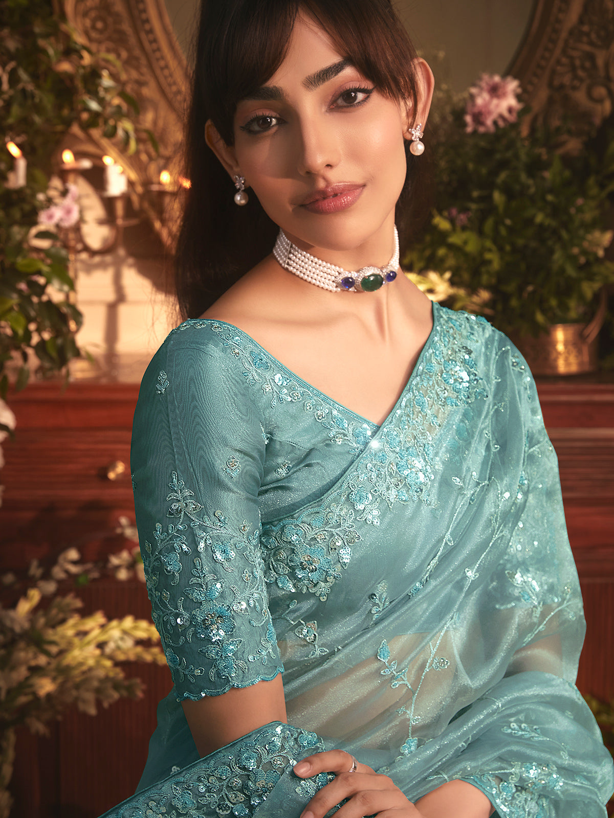 Mint blue tissue organza saree for party wear