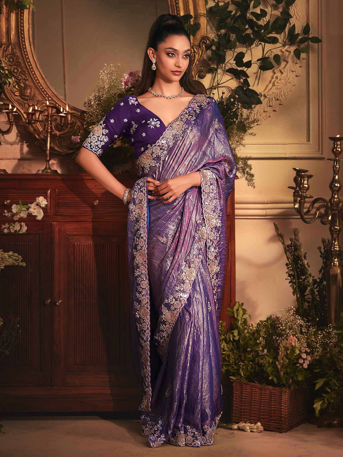 Purple tissue organza saree for reception
