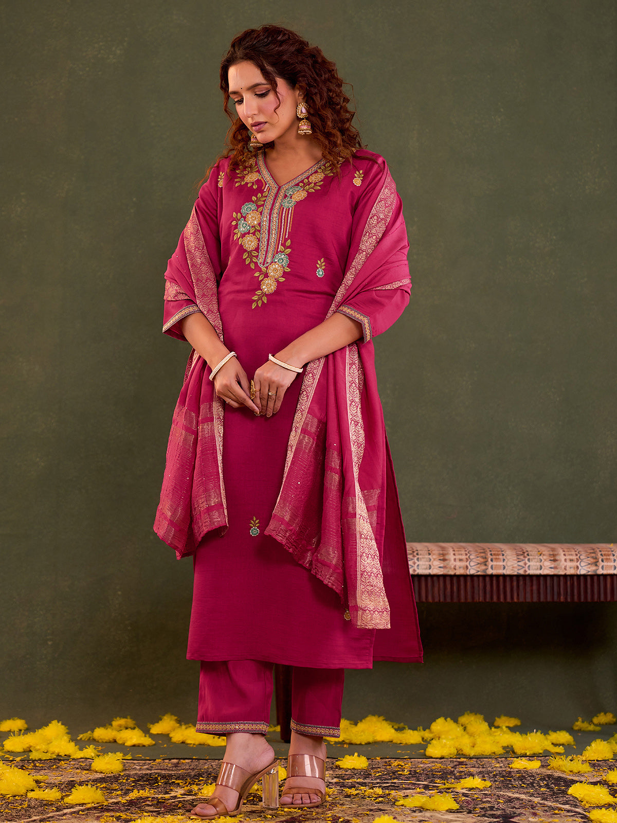 Rani pink cotton silk kurti set with dupatta