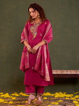 Rani pink cotton silk kurti set with dupatta