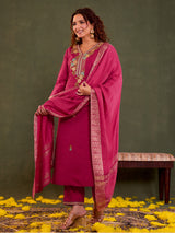 Rani pink cotton silk kurti set with dupatta