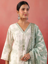 Pista green floral printed silk kurti set
