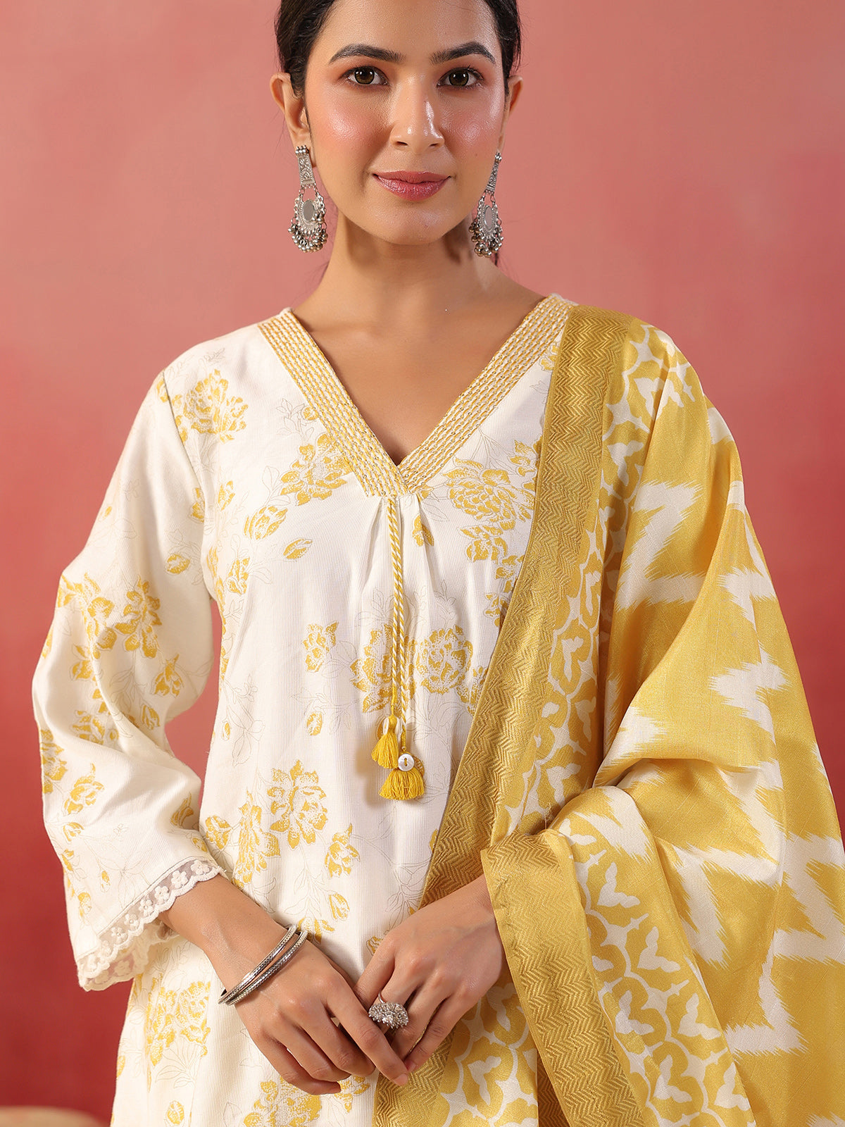 Yellow floral printed silk kurti set with dupatta