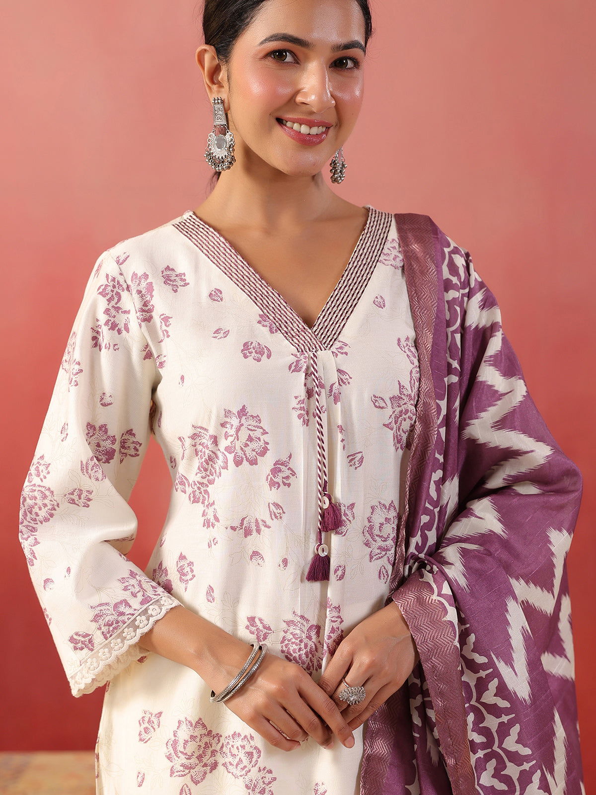 Purple floral printed silk kurti set for festive wear