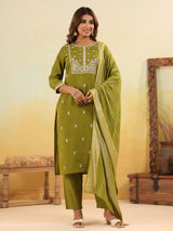 Mehendi green yoke style silk kurti set