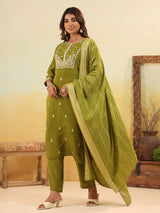 Mehendi green yoke style silk kurti set