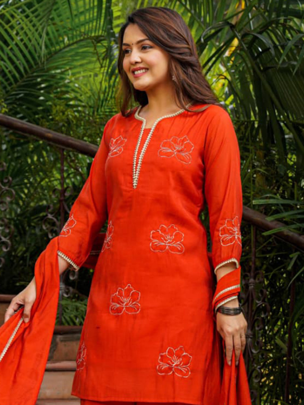 Orange cotton silk palazzo set with dupatta