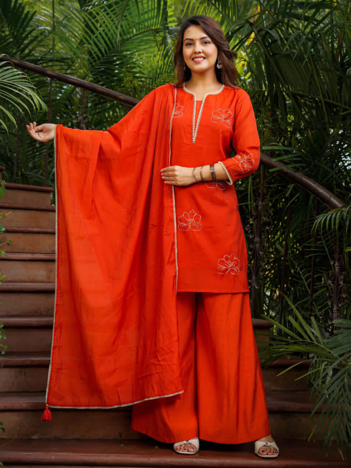 Orange cotton silk palazzo set with dupatta