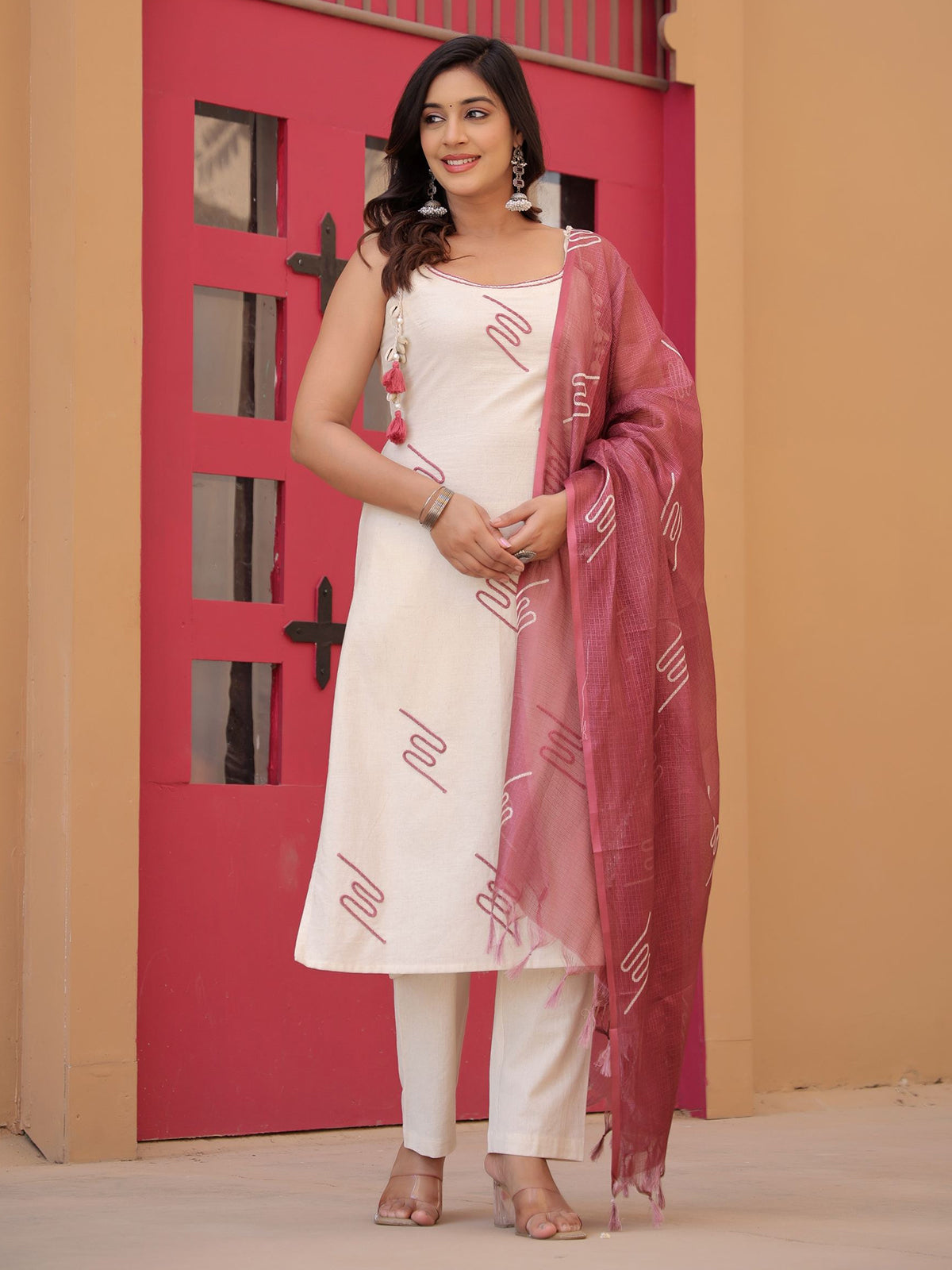 Off white cotton silk kurti set with thread work