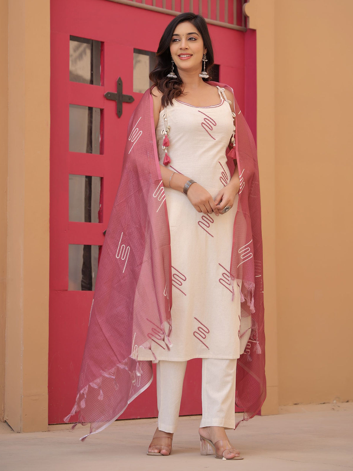 Off white cotton silk kurti set with thread work