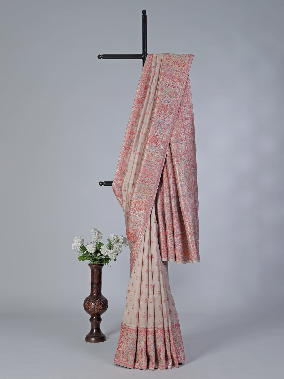 Beige pashmina silk saree with zari motifs