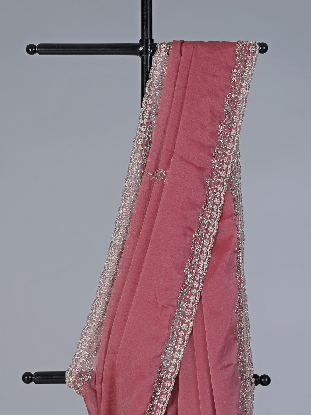 Onion pink tissue silk saree with cutdana and zardosi work