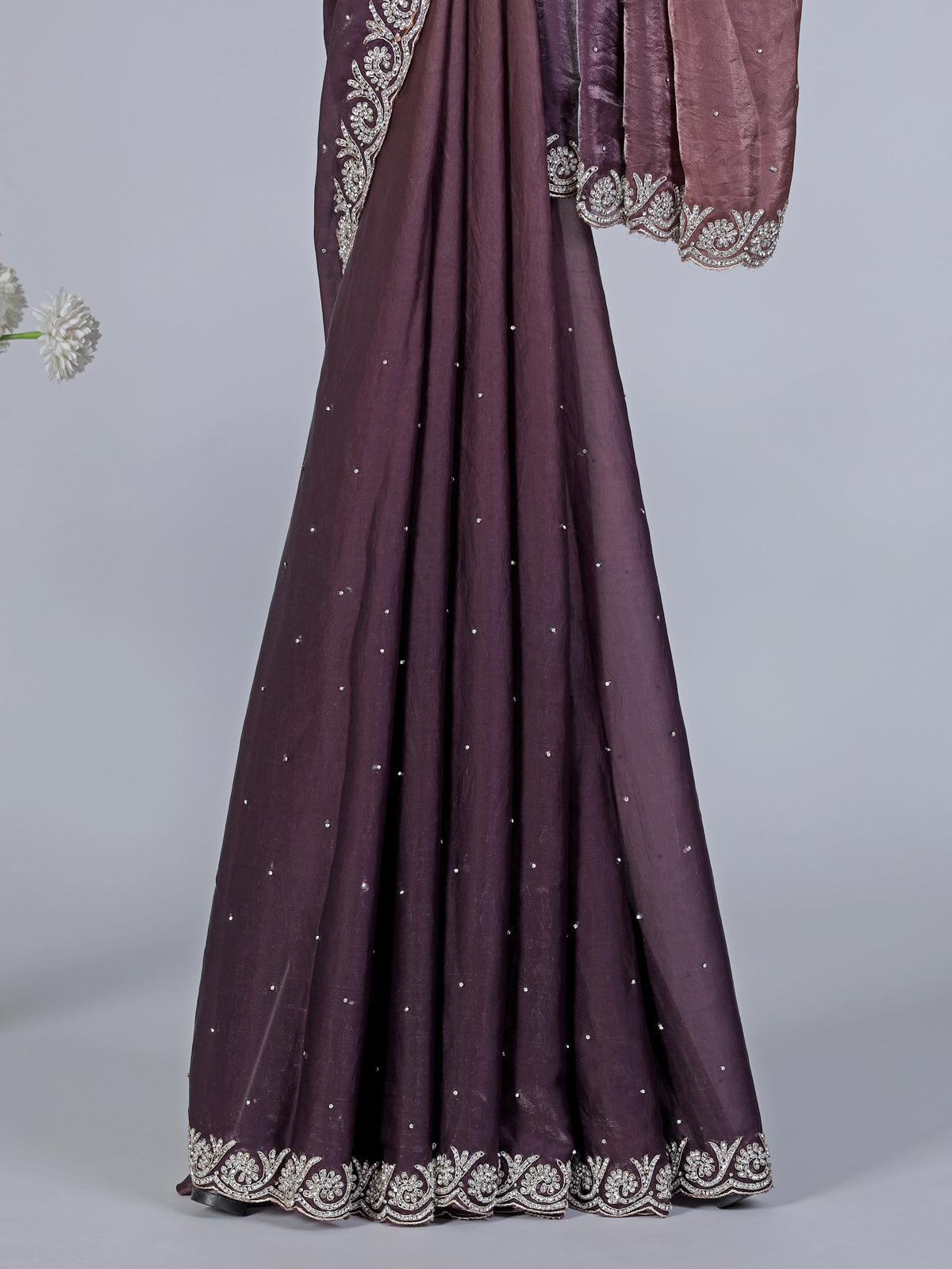 Dark purple semi tissue silk saree with zardosi diamond work