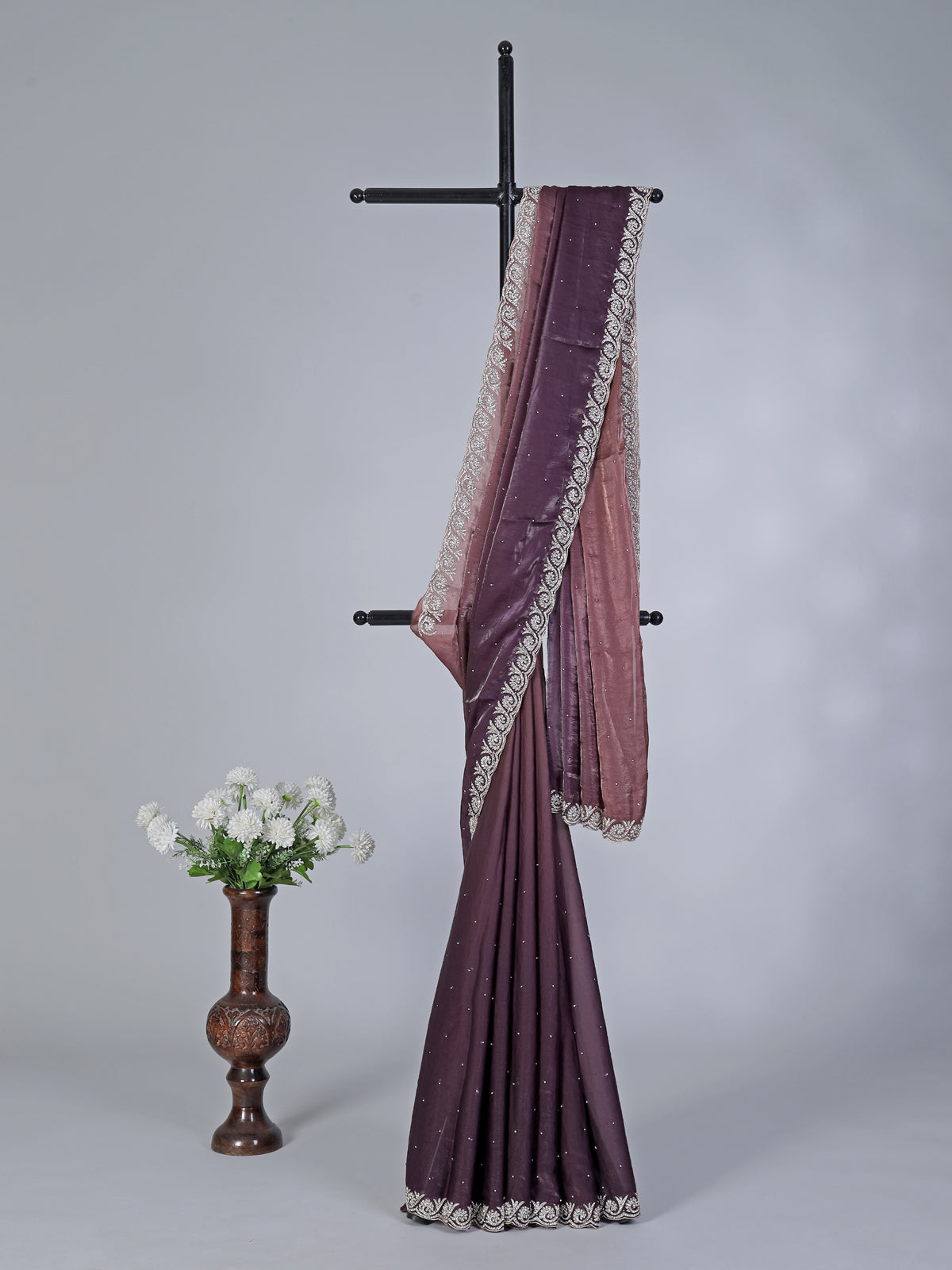 Dark purple semi tissue silk saree with zardosi diamond work
