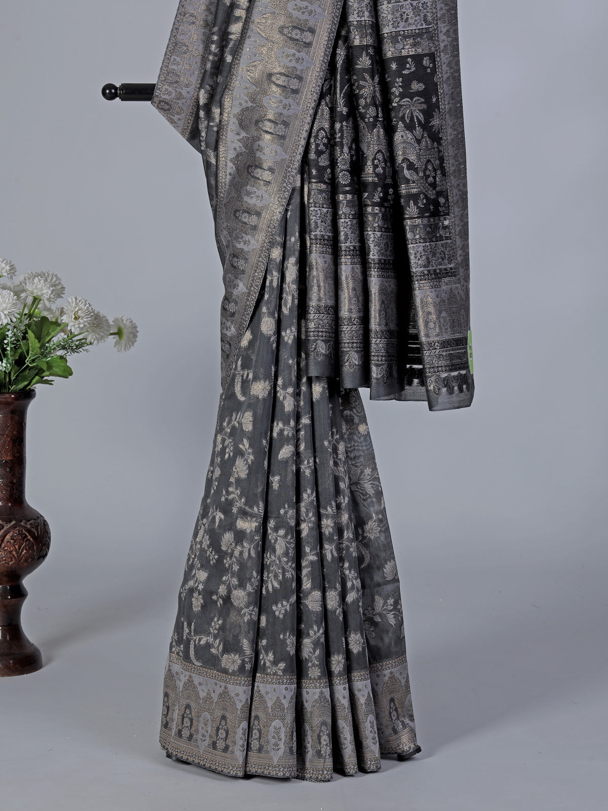 Charcoal black printed pashmina silk saree for festive events