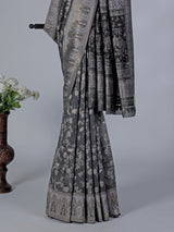 Charcoal black printed pashmina silk saree for festive events