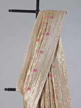 Cream minakari tissue silk saree with colorful motifs