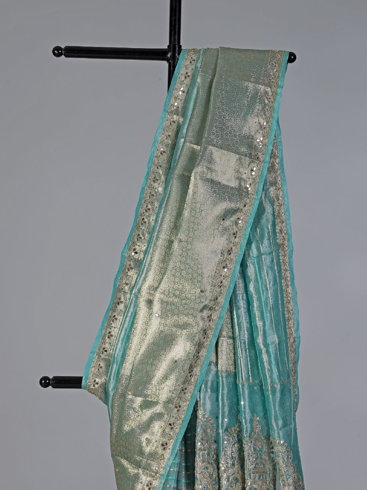Aqua organza tissue silk saree with luxury detailing