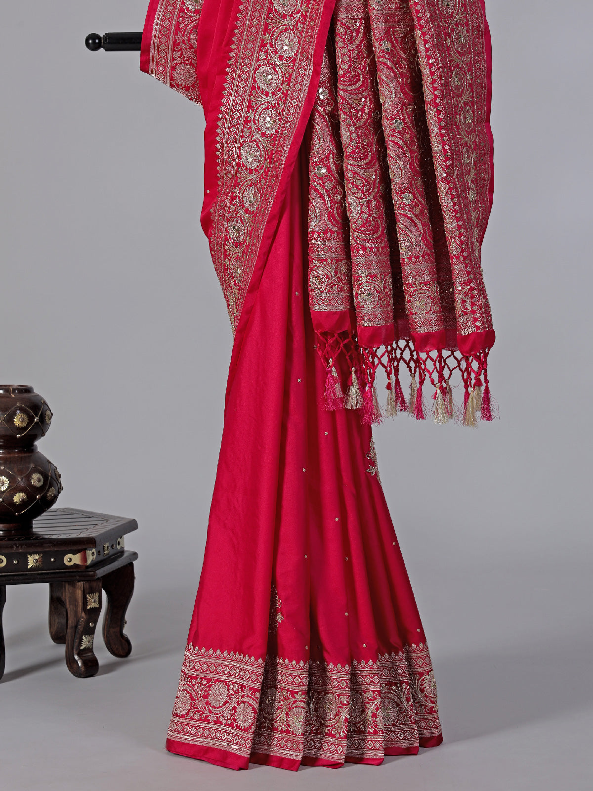 Magenta dola silk saree with zardosi and mirror work